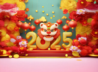 Poster - A festive 3D rendering of 2025, adorned with a lion dance mask, red lanterns, and paper flowers, celebrating the upcoming Lunar New Year.  The scene is vibrant and cheerful, perfect for holiday greeti