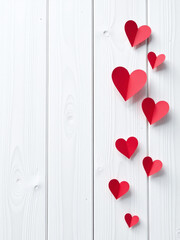 Poster - A Minimalist Design Features Small Red Paper Hearts Against A White Wooden Background, Ideal For A Postcard Or Love Message. 00002