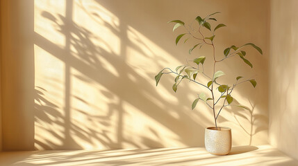 Poster - Minimalistic concept of a green plant in front of a beige wall with sunlight streaming through a window, casting soft shadows on the floor. Perfect for interior design, natural light, and mockup backg
