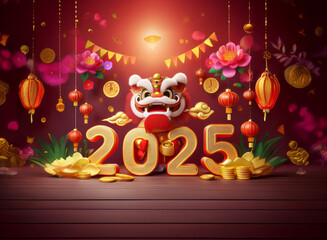 Poster - A vibrant 2025 Chinese New Year illustration features a lion dance costume,  lanterns, flowers, and gold coins, symbolizing prosperity and good fortune.