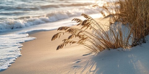 Wall Mural - serene sunset over sandy shore with dried reeds in foreground waves gently lapping casting soft shad