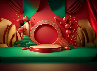 Poster - Elegant festive scene with red and green hues, featuring a circular display platform, ornate gold accents, and traditional Chinese lanterns.  Perfect for showcasing products or celebrating.