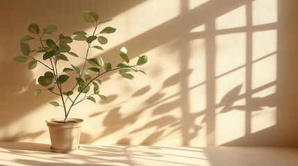 Poster - Minimalistic concept of a green plant in front of a beige wall with sunlight streaming through a window, casting soft shadows on the floor. Perfect for interior design, natural light, and mockup backg
