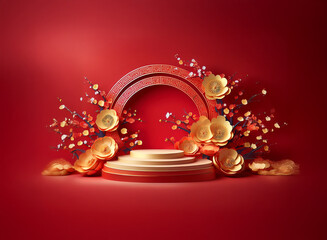 Poster - Elegant red and gold circular podium adorned with paper flowers and blossoms, perfect for festive displays or product presentations.  A celebratory and luxurious scene.