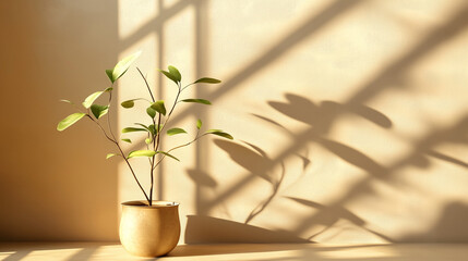 Poster - Minimalistic concept of a green plant in front of a beige wall with sunlight streaming through a window, casting soft shadows on the floor. Perfect for interior design, natural light, and mockup backg