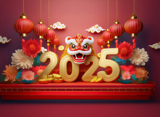 Poster - Golden 2025 nestled amongst red lanterns, chrysanthemums, and a lion dance head, symbolizes prosperity and good fortune for the upcoming Lunar New Year.