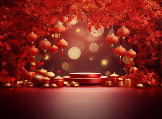 Poster - Red and gold festive scene with lanterns, bokeh, and a display podium.  Perfect for showcasing products or celebrating a special occasion.