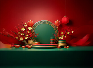 Poster - Elegant display featuring a circular green backdrop, red lanterns, gold plum blossoms, and tiered platforms against a rich red background.  Perfect for festive product showcases.