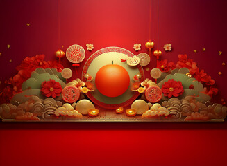 Poster - A vibrant Chinese New Year scene.  Red and gold hues dominate, featuring paper-cut clouds, blossoms, lanterns, and auspicious coins surrounding a central orange.  Festive and celebratory.