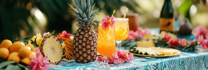 Aufkleber - Summer picnic featuring pineapples and tropical drinks surrounded by colorful flowers and fruits in a natural setting. Generative AI