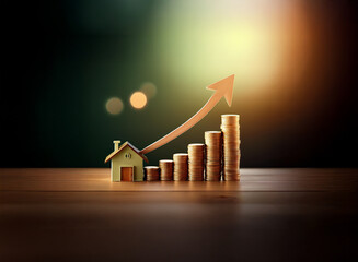 Poster - A miniature house sits beside a rising stack of coins, symbolizing increasing property value and financial growth.  An upward-pointing arrow emphasizes the upward trend.