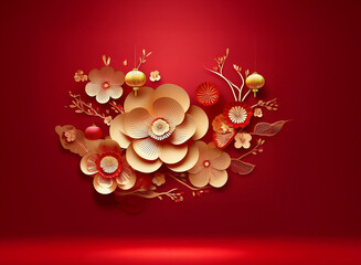 Poster - Elegant gold and red paper flowers, blossoms, and ornaments arranged against a rich red background.  A festive, celebratory design, ideal for seasonal greetings.