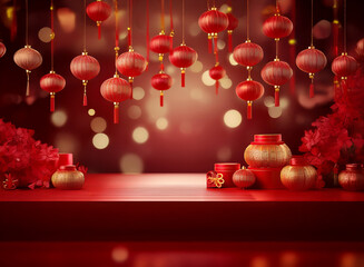 Poster - Red lanterns hang against a blurred bokeh background, illuminating a product display stage adorned with festive red and gold containers.  Perfect for celebrating Lunar New Year.