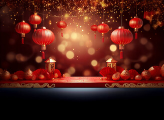 Poster - Red lanterns and golden ornaments adorn a dark background, creating a festive and celebratory atmosphere.  Sparkling lights add to the magical ambiance.  Perfect for holiday celebrations.