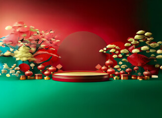 Poster - A vibrant, festive scene with a circular podium, surrounded by red and gold Asian-inspired decorations.  Perfect for product display or celebration.