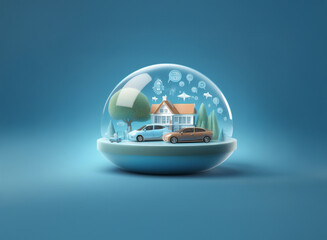 Aufkleber - A miniature idyllic scenehouse, cars, treesencased within a transparent dome, suggesting protection and a connected, smart community.