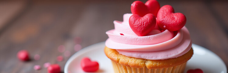 Poster - A Cupcake Or Tartlet With Pink Meringue Cream Is Decorated With Two Big Red Hearts And Small Heart Shape Candies. 00001