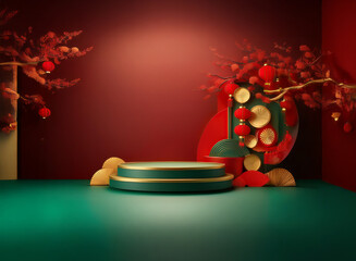 Poster - Elegant 3D rendering of a festive stage.  Red and gold accents,  green floor,  and symbolic Asian-inspired decorations create a luxurious and celebratory atmosphere. Perfect for product display or hol