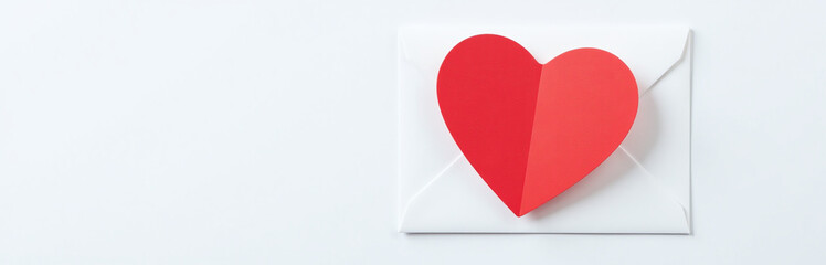 Poster - A Bright Red Heart Pattern Is Visible From Above On A Plain White Envelope Against A Clean White Background. 00003