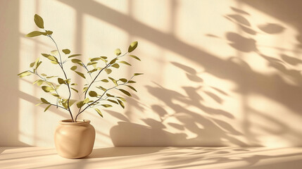 Poster - Minimalistic concept of a green plant in front of a beige wall with sunlight streaming through a window, casting soft shadows on the floor. Perfect for interior design, natural light, and mockup backg