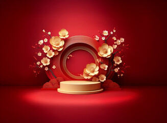 Poster - Elegant podium display with gold paper flowers and red accents.  Perfect for product showcase or festive celebration.  3D rendering, minimalist design.