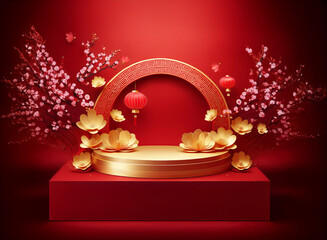 Poster - A red and gold circular display stand adorned with blossoming plum branches and paper flowers, accented by red lanterns, evokes a celebratory atmosphere.