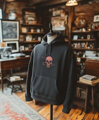 Dark grey hoodie with skull graphic on mannequin.