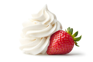 Wall Mural - A fresh juicy strawberry with whipped cream isolated on white