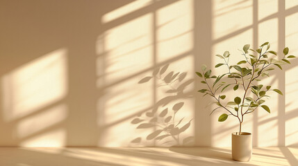 Poster - Minimalistic concept of a green plant in front of a beige wall with sunlight streaming through a window, casting soft shadows on the floor. Perfect for interior design, natural light, and mockup backg