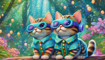  oil painting style illustration Cartoon character Immersive Tech Experience- Two baby cats Engaged in Virtual Reality