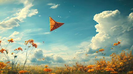 Wall Mural - Orange Kite Soaring Above a Field of Flowers