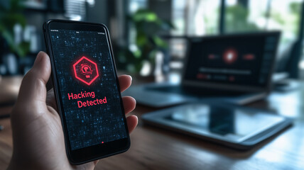 Poster - Hacking Detected on Smartphone:  A close-up shot of a smartphone displaying a warning message, 
