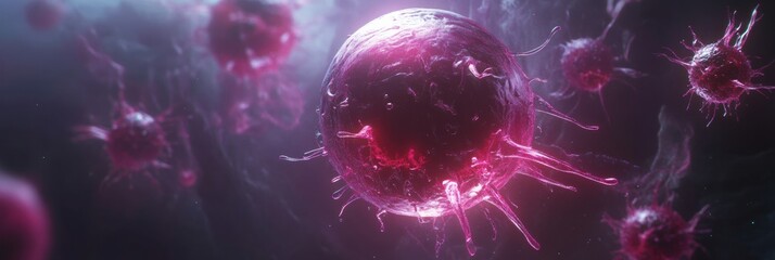 Poster - Glowing cell surrounded by dangerous viruses in a complex microscopic environment. Generative AI