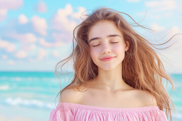 young woman with flowing hair smiles gently at beach, enjoying warm breeze and serene ocean view. soft pastel colors of sky enhance tranquil atmosphere