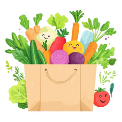 Happy Harvest in a Paper Bag: A cheerful illustration featuring a paper bag overflowing with a vibrant array of fresh vegetables, each with a cute, smiling face.