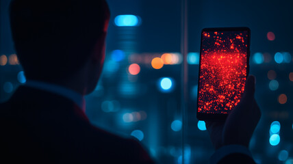 Poster - Night City Data Stream: A businessman silhouetted against a vibrant cityscape at night, holds a smartphone displaying a dynamic red data stream. The image evokes feelings of mystery, technology.