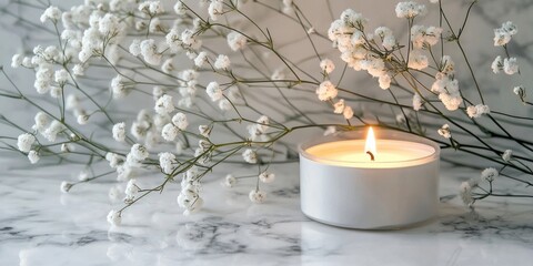 Canvas Print - Delicate Gypsophila flowers and a lit candle on a marble background close-up with soft whites and subtle grays creating an elegant home decor scene