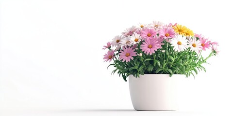 Canvas Print - Vibrant bouquet of pink and white daisies with a yellow center in a white round pot positioned on a light background for a fresh aesthetic