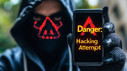 Poster - Cybersecurity Threat: A mysterious figure in a hooded jacket and a mask holds up a smartphone displaying a warning message about a hacking attempt. The image evokes a sense of danger, vulnerability.