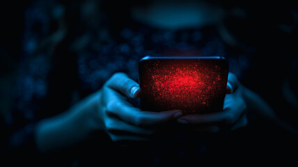 Poster - Digital Glow: Person holding smartphone with red glowing screen in dark ambiance. Captivating image hinting at late-night engagement and digital immersion.