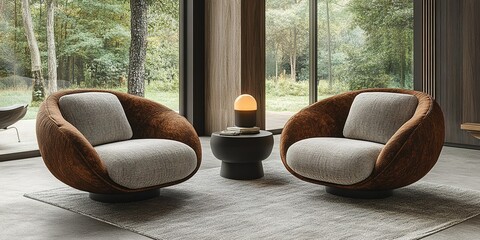Poster - cozy contemporary living room with stylish circular chairs and a minimalist table in a serene wooded