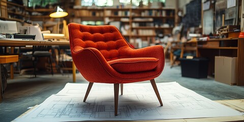 Poster - Unique mid-century modern chair positioned in a creative workspace filled with design materials and books