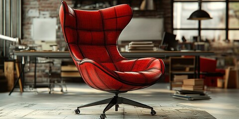 Poster - stylish modern red swivel chair in a contemporary workspace with industrial decor and soft natural l