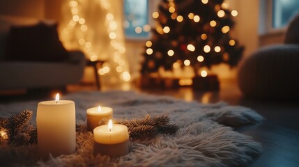 Poster - Cozy Christmas setting with candles, garland lights, and a glowing festive tree in the background
