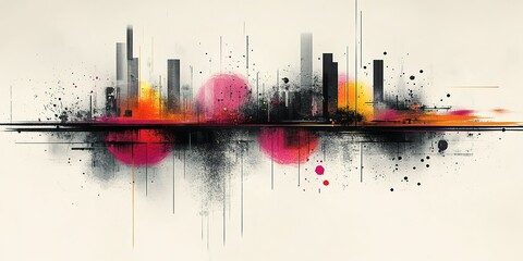 Poster - Colorful urban skyline with abstract elements representing movement and energy at sunset