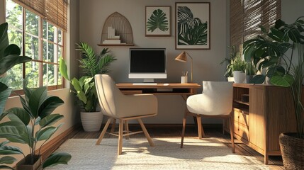 Poster - Cozy home office featuring warm wood tones and houseplants for productivity themes