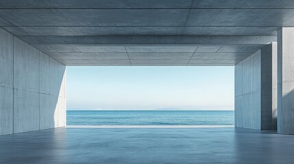 concrete structure overlooking serene ocean with city skyline view under clear sky