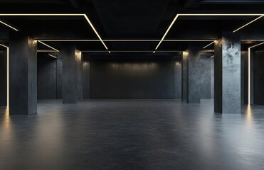 Poster - Dark, grungy industrial basement with low-key lighting, 3D-rendered