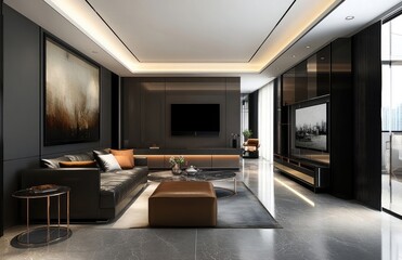 Poster - Dark modern home interior with a mock-up wall, perfect for versatile design concepts