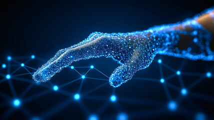 Poster - Digital Touch: A hand, rendered in shimmering blue particles, delicately interacts with a network of glowing nodes, symbolizing connection, innovation, and the digital age.